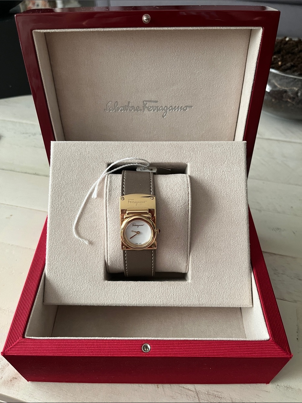 Salvatore Ferragamo Gold Tone Case Watch with Taupe Leather Strap